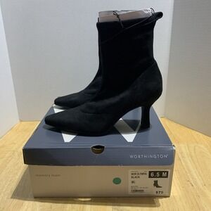 NWT WORTHINGTON Womens‎ Olympia Flared Heel Booties Boots 6.5M Black Faux Suede